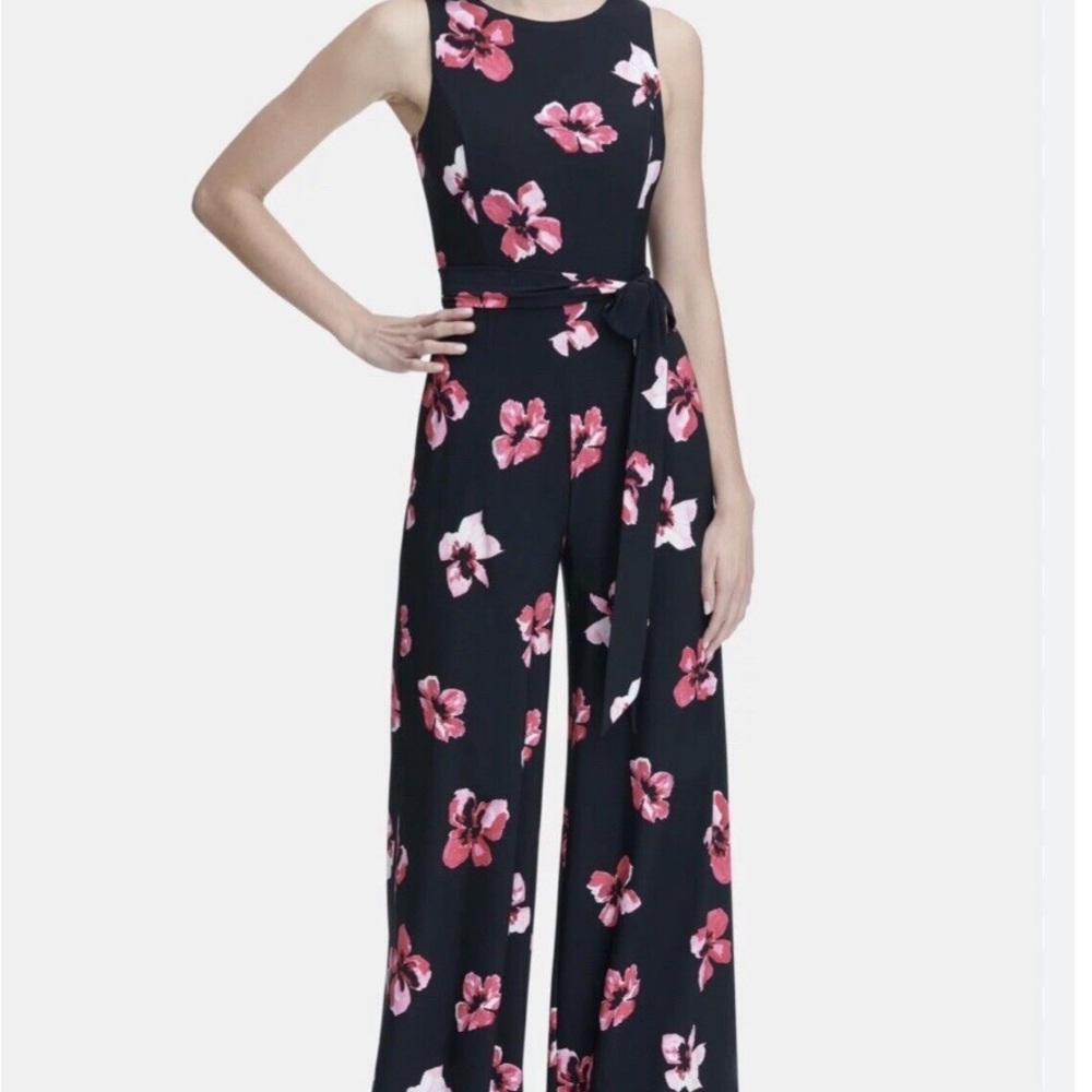 Tommy Hilfiger Womens Jumpsuit Size 8 Black Floral Wide Leg Sleevless